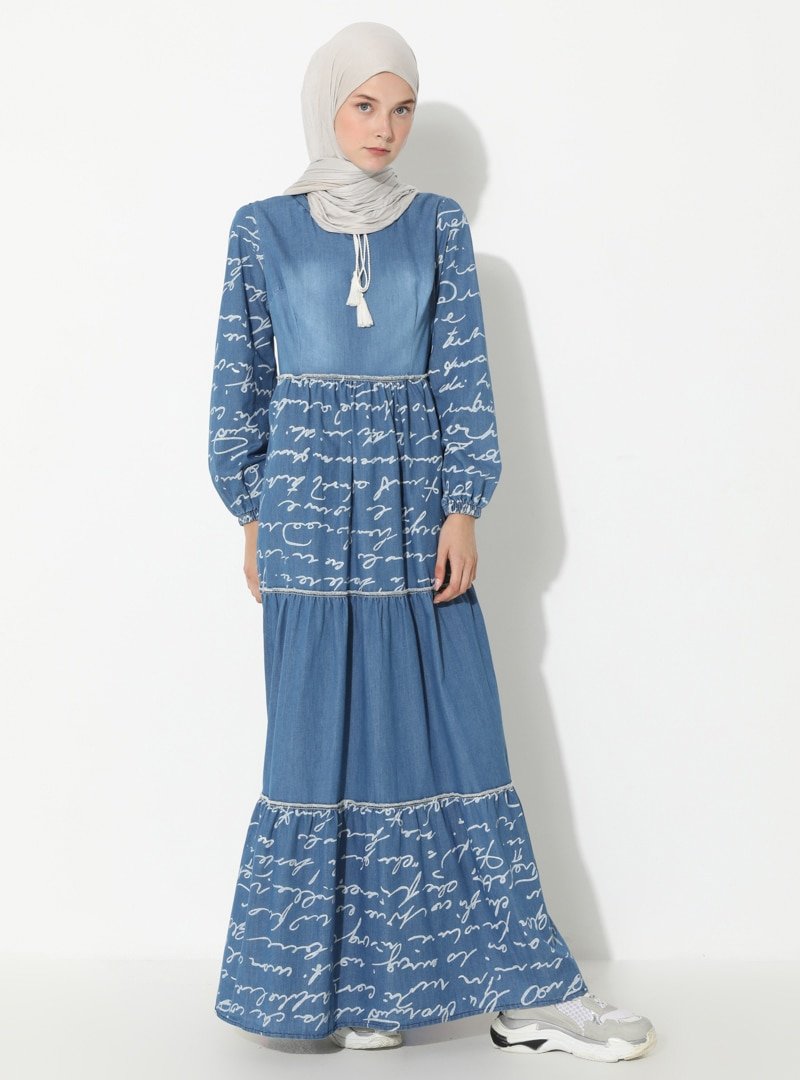 SUEM Mavi Açık Desenli Kot Elbise