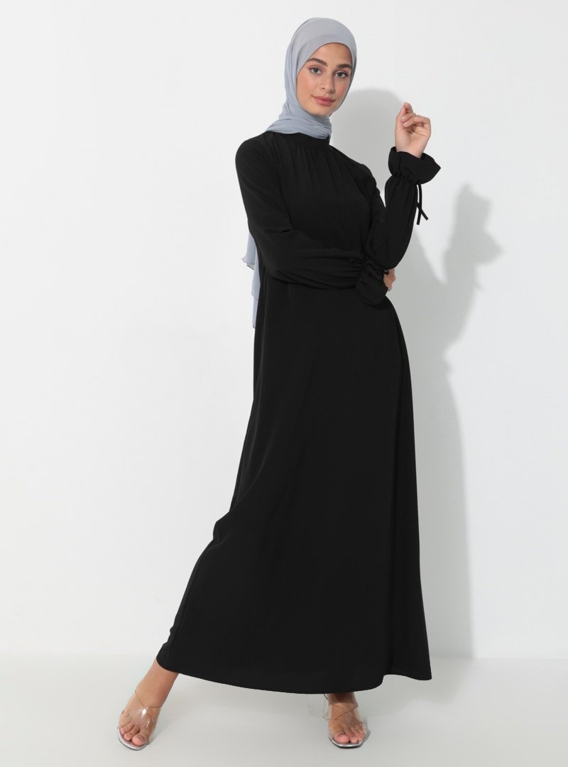 Moda Zenis Siyah Kol Uçları Lastikli Elbise
