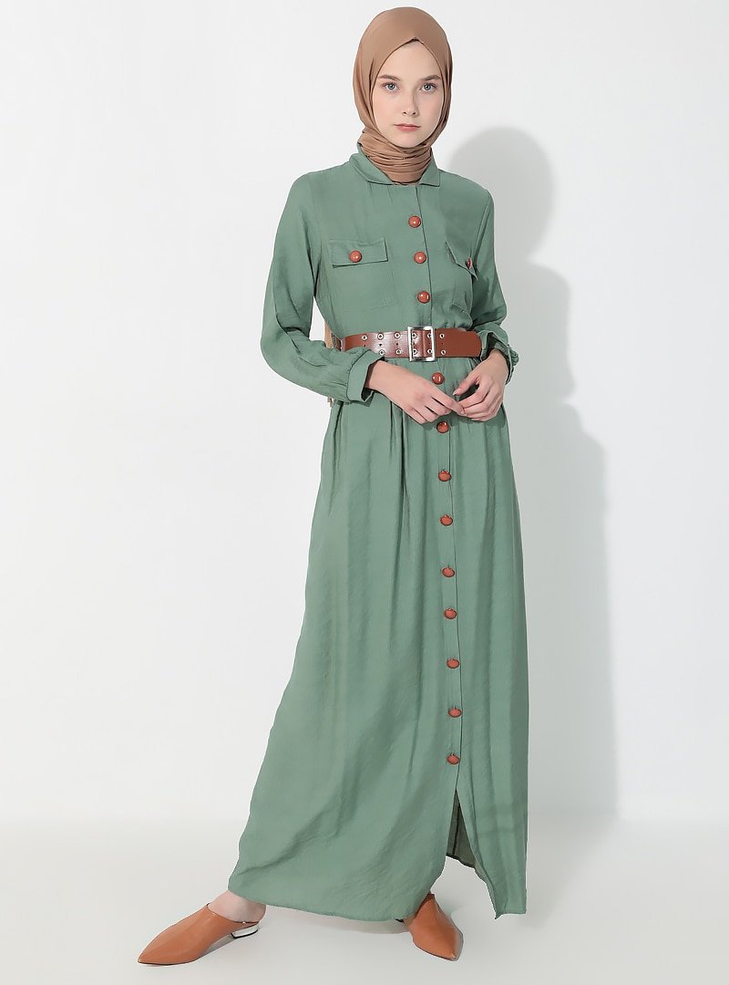 SUEM Yeşil Boydan Düğmeli Elbise