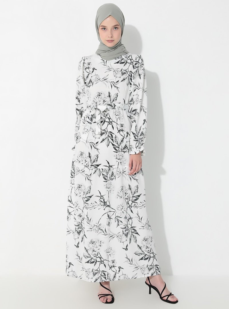 SUEM Beyaz Siyah Çiçek Desenli Elbise
