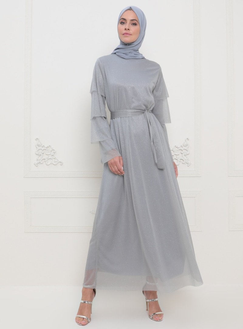 Sevit-Li Gri Sim Detaylı Abiye Elbise