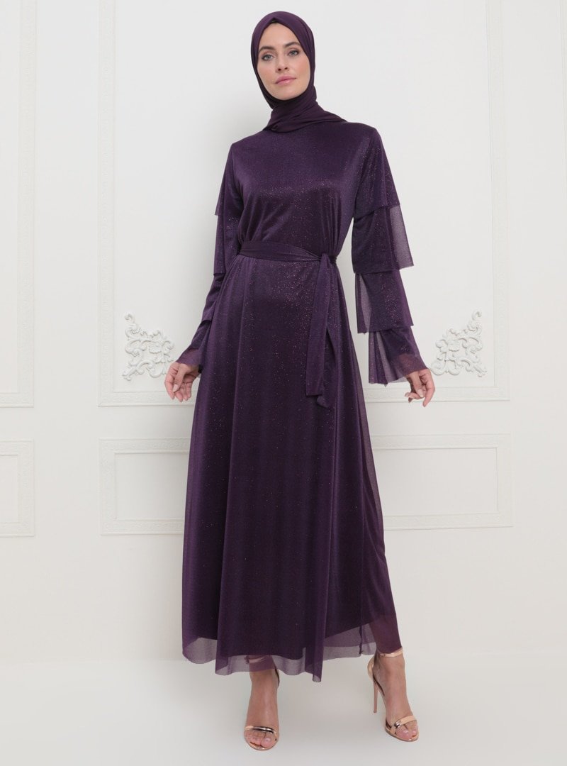 Sevit-Li Mor Sim Detaylı Abiye Elbise