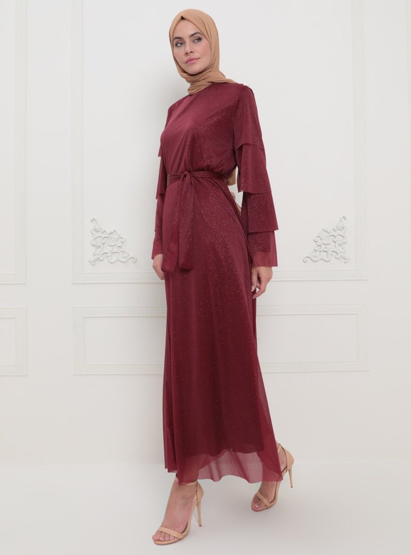 Sevit-Li Bordo Sim Detaylı Abiye Elbise