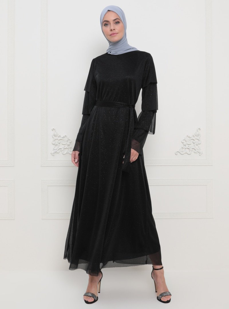 Sevit-Li Siyah Sim Detaylı Abiye Elbise