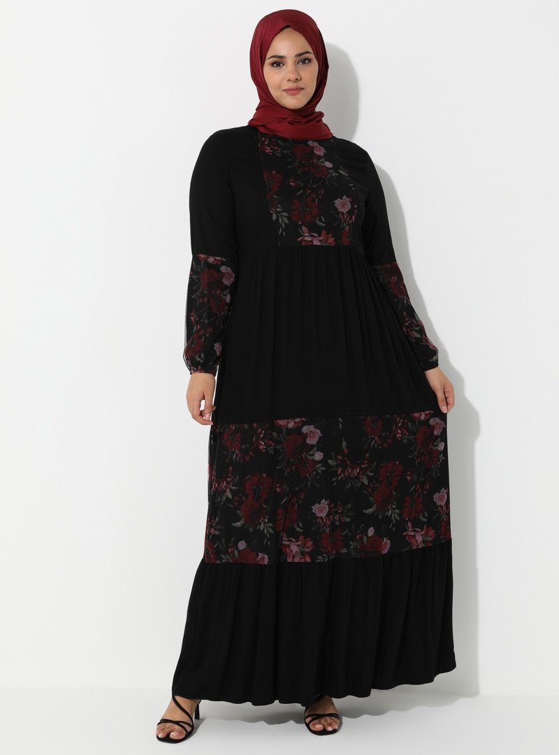Ginezza Siyah Çiçekli Tül Detaylı Elbise
