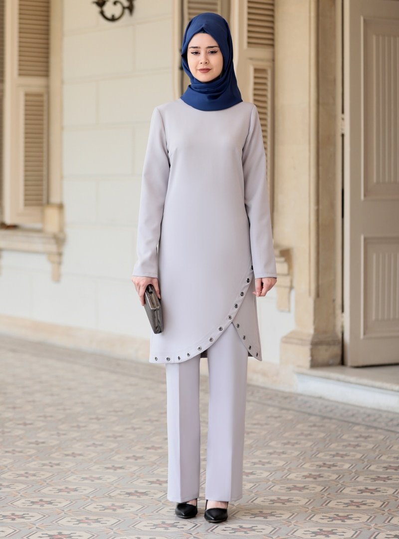 Azra Design Gri Duru Tunik&Pantolon İkili Abiye Takım