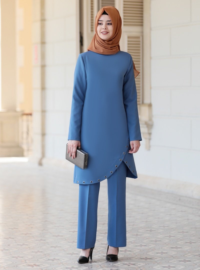 Azra Design Mavi Duru Tunik&Pantolon İkili Abiye Takım
