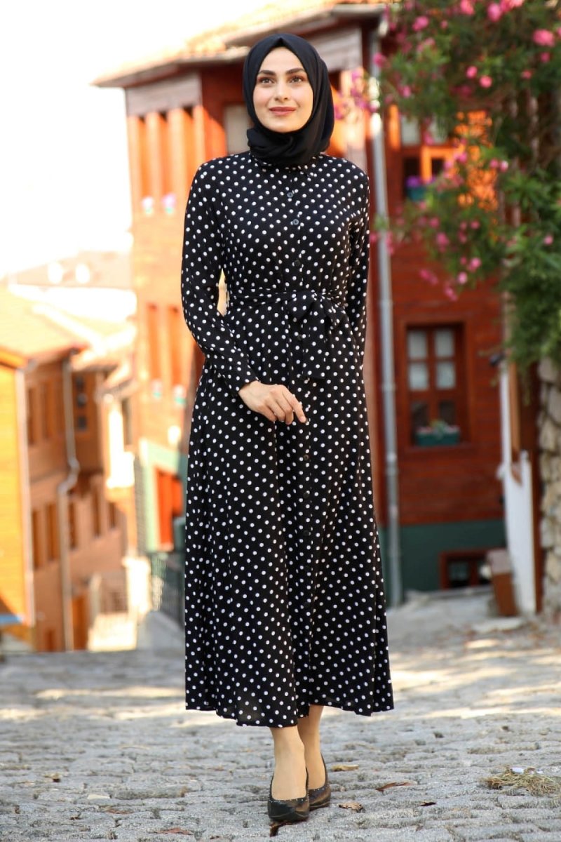 Feiza Collection Siyah Puantiyeli Düğmeli Elbise