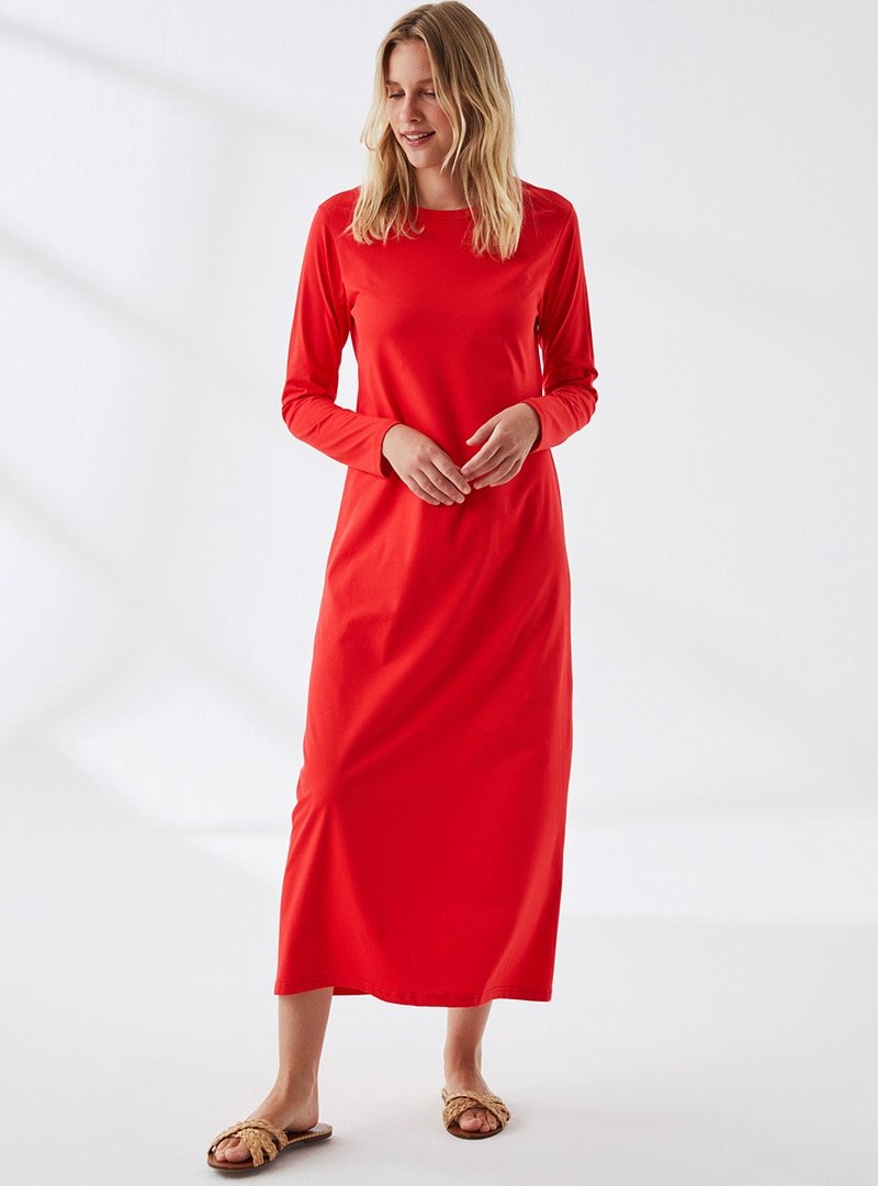 Muni Muni Kırmızı Doğal Kumaşlı Elbise