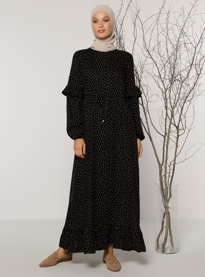 Refka Siyah Safran Doğal Kumaşlı Puantiyeli Elbise