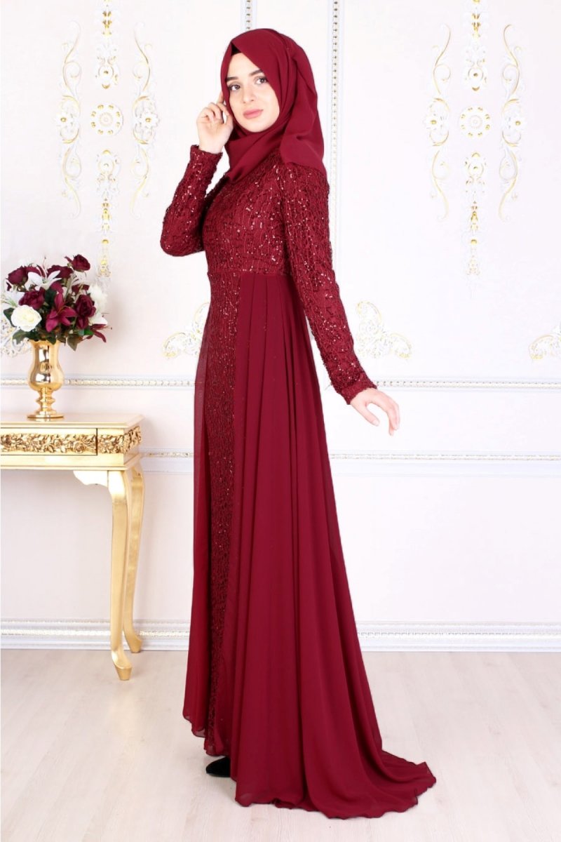 Feiza Collection Bordo Payetli Abiye Elbise