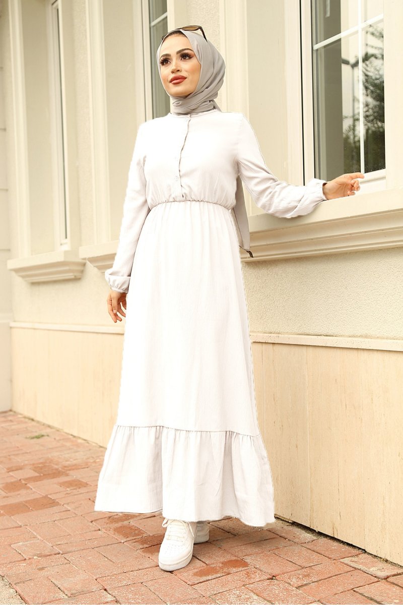 Festmoda Beyaz Eteği Fırfırlı Elbise