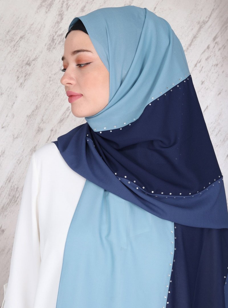 Soft Scarfs Lacivert İndigo Mavi Üç Renkli Taşlı Mood Şal