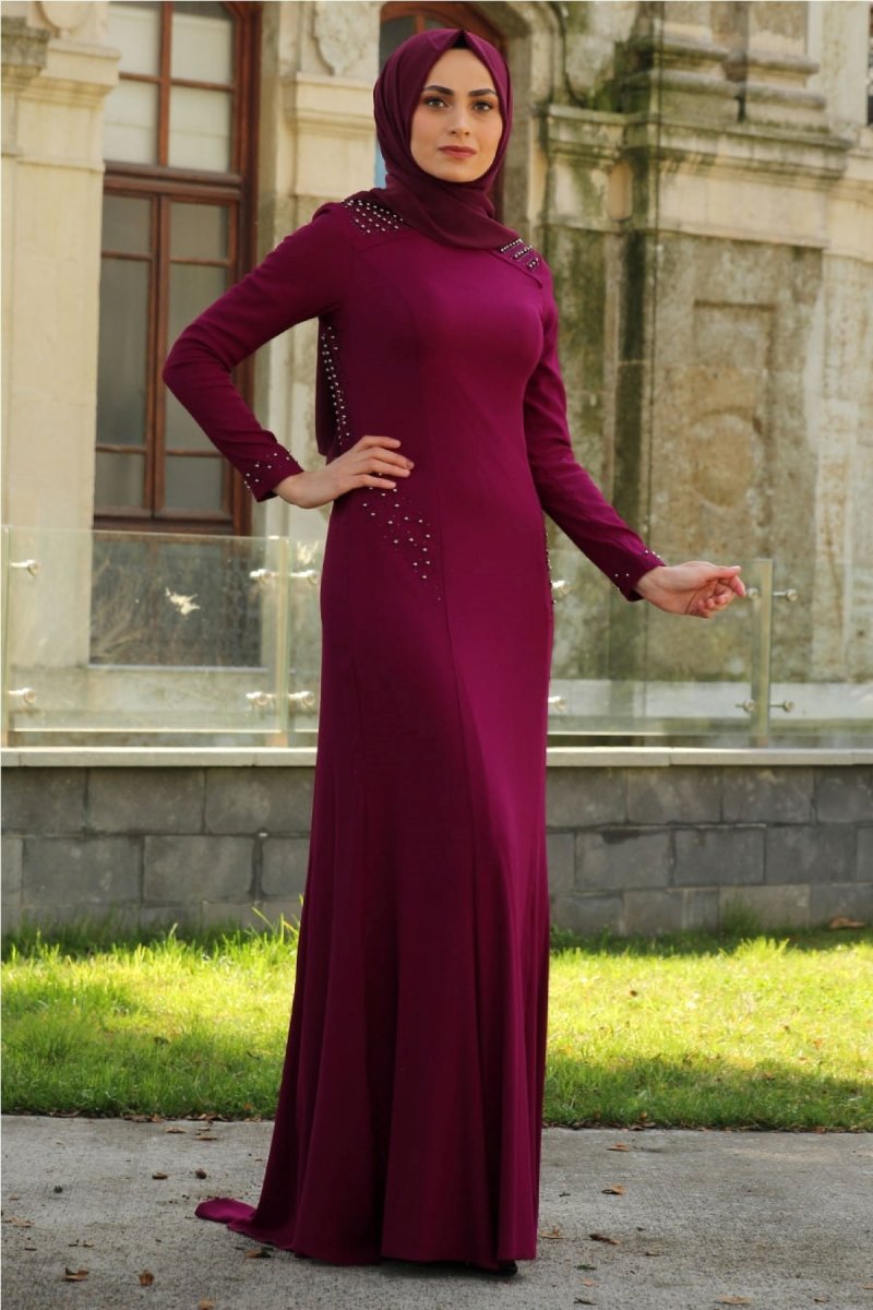Feiza Collection Fuşya İnci Detaylı Abiye Elbise
