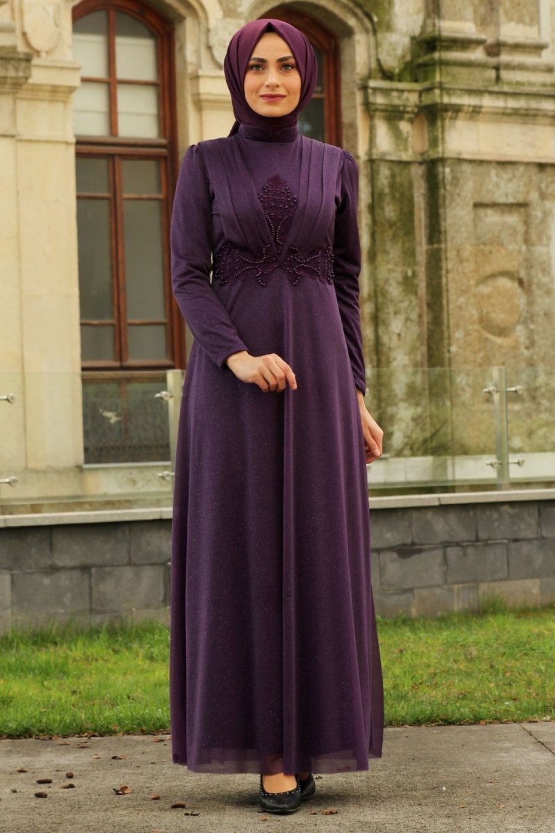 Feiza Collection Mor Nervür Detaylı Simli Abiye Elbise