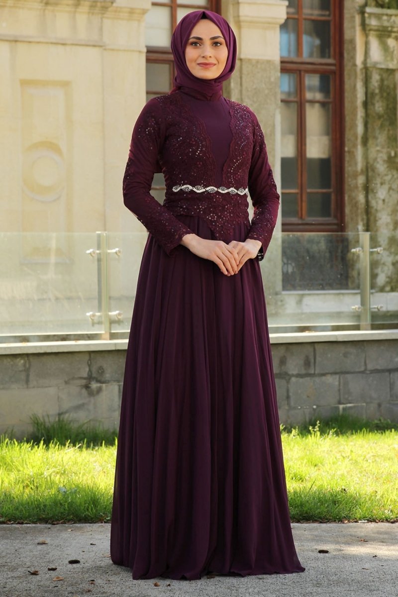 Feiza Collection Mürdüm Güpür Detaylı Kloş Etekli Abiye Elbise