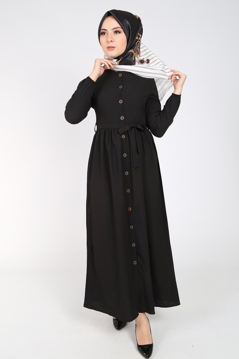 Festmoda Siyah Boydan Düğmeli Elbise