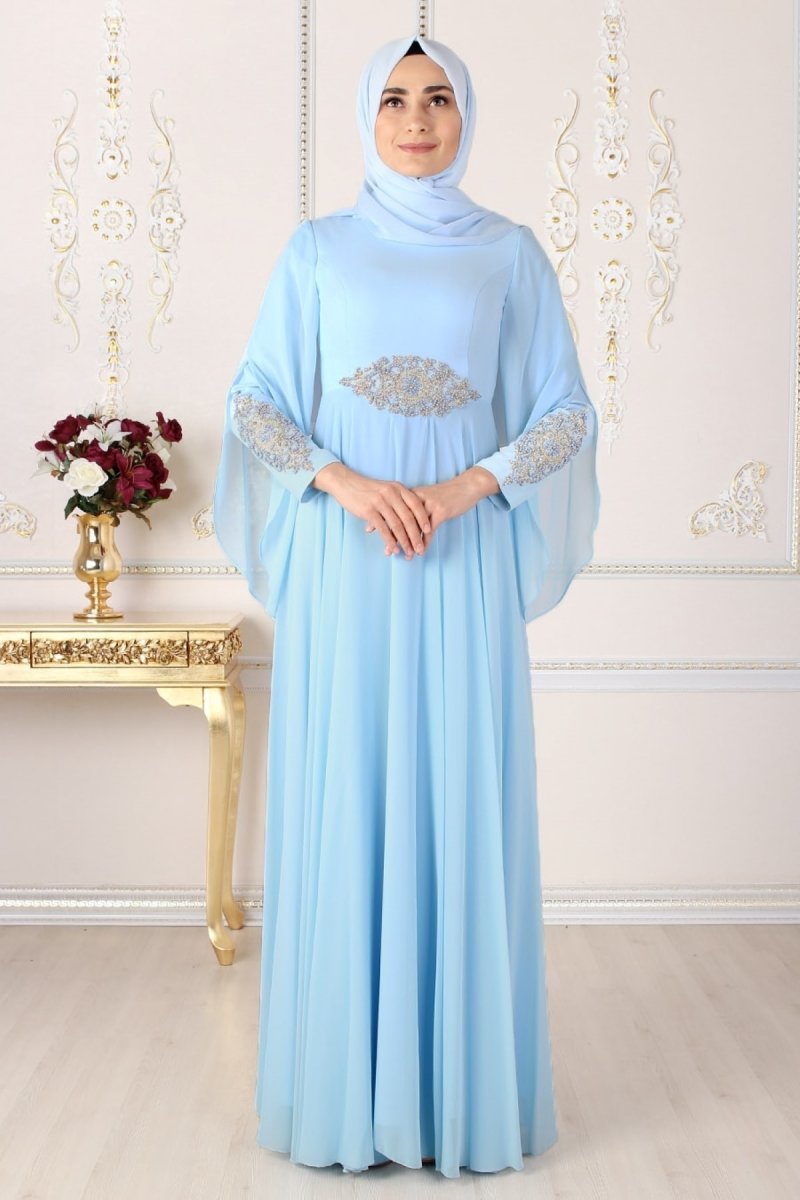 Feiza Collection Bebe Mavisi Güpür Detaylı Abiye Elbise