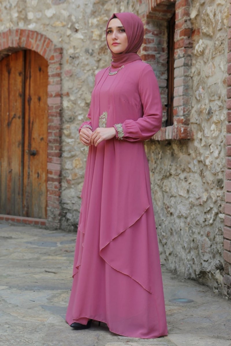 Feiza Collection Gül Kurusu Beli Dantel Detaylı Abiye Elbise