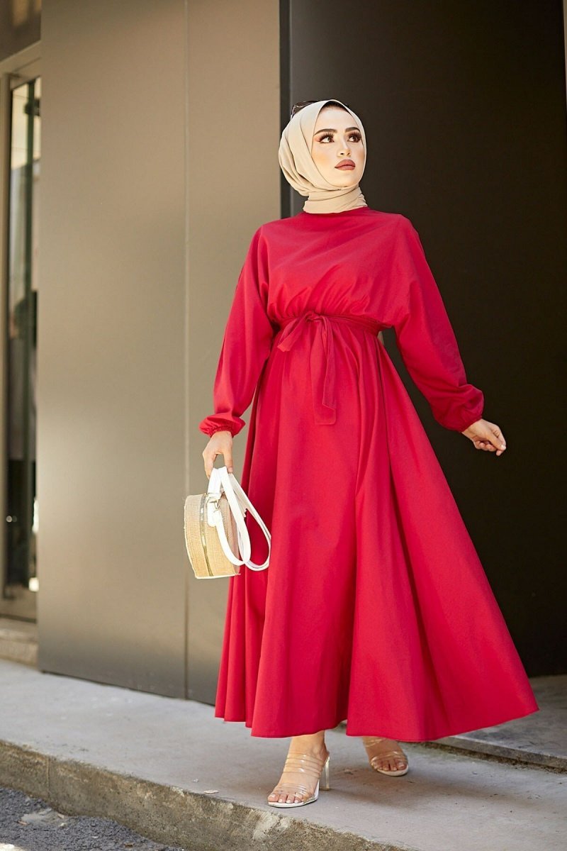 Festmoda Kırmızı Wind Beli Büzgülü Kuşaklı Elbise