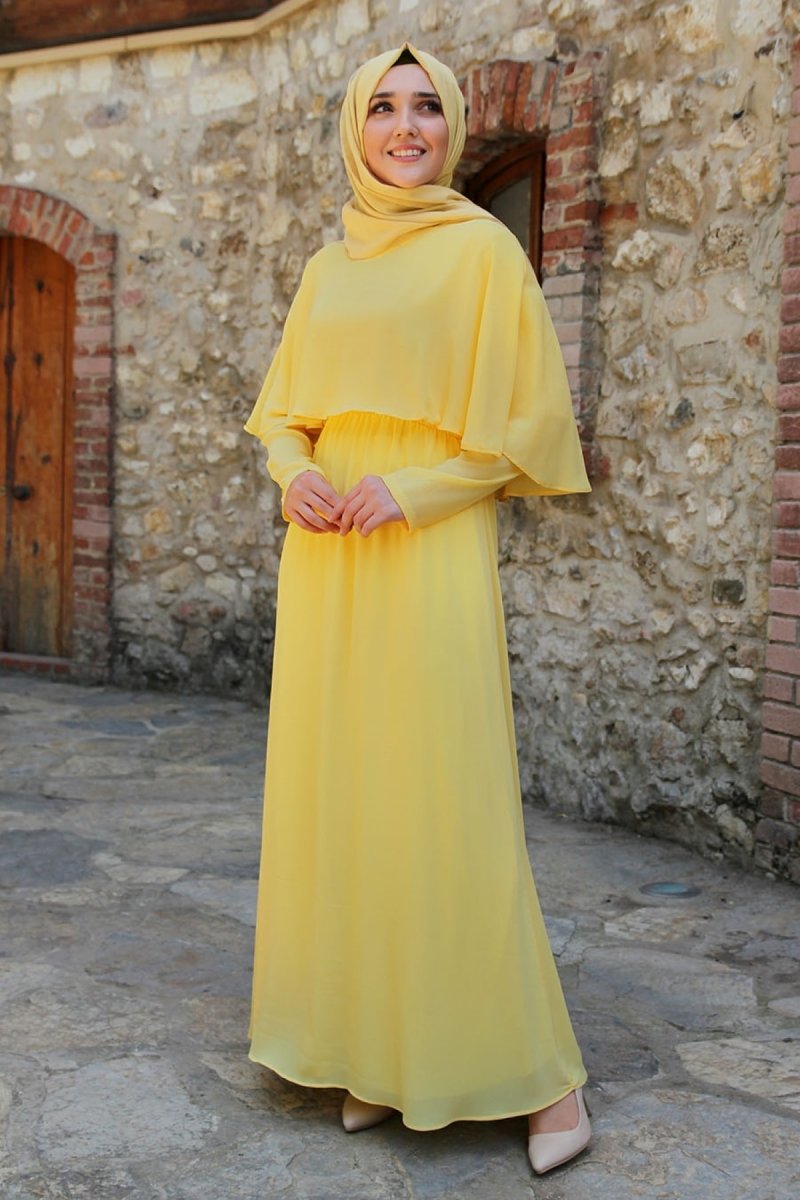 Feiza Collection Sarı Yarım Pelerinli Elbise
