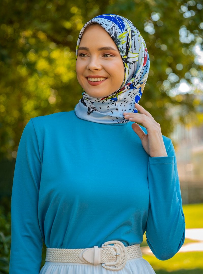 Tuva Şal El Boyaması Tasarım Twill Eşarp Mavi Renkli