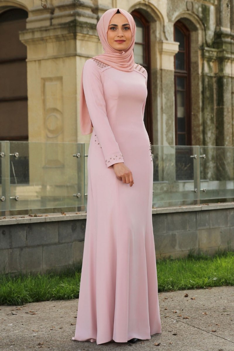 Feiza Collection Pudra İnci Detaylı Abiye Elbise