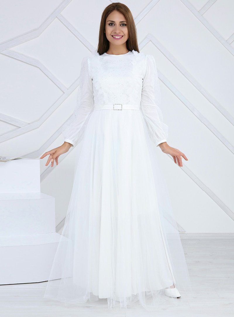 Lady Huri Beyaz Simli Fırfır Detaylı Tüllü Abiye Elbise