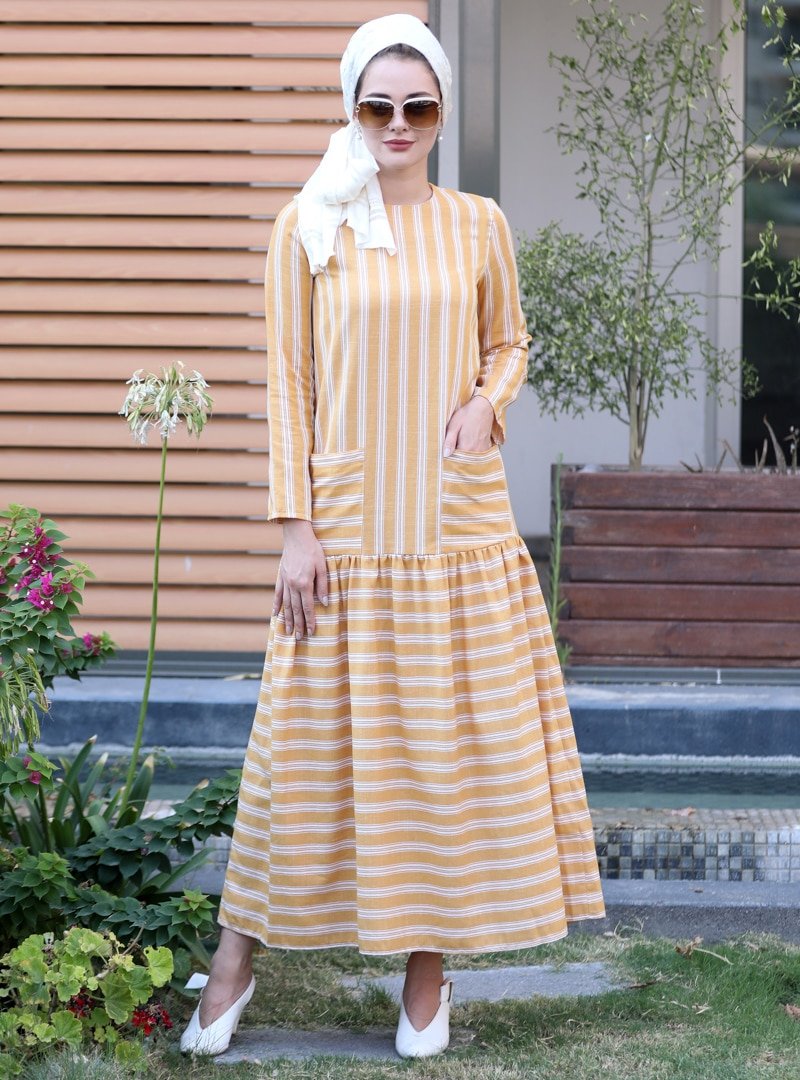 Selma Sarı Design Hardal Çizgili Elbise