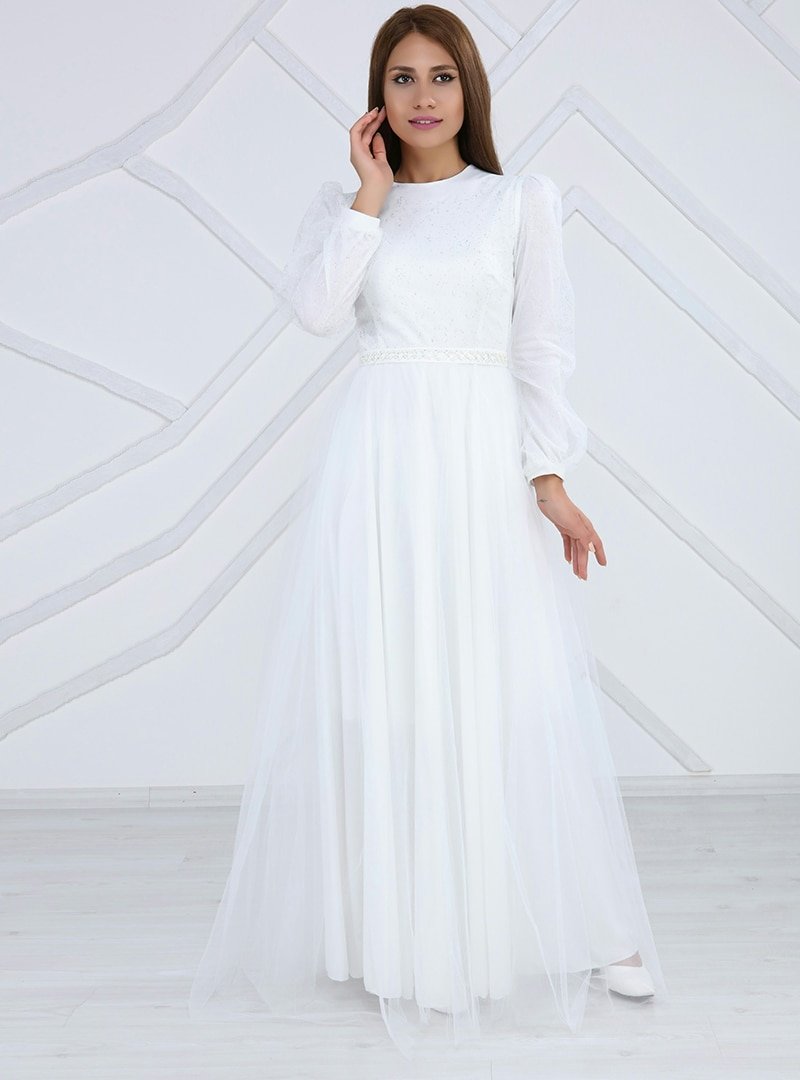 Lady Huri Beyaz Simli Detaylı Tüllü Abiye Elbise