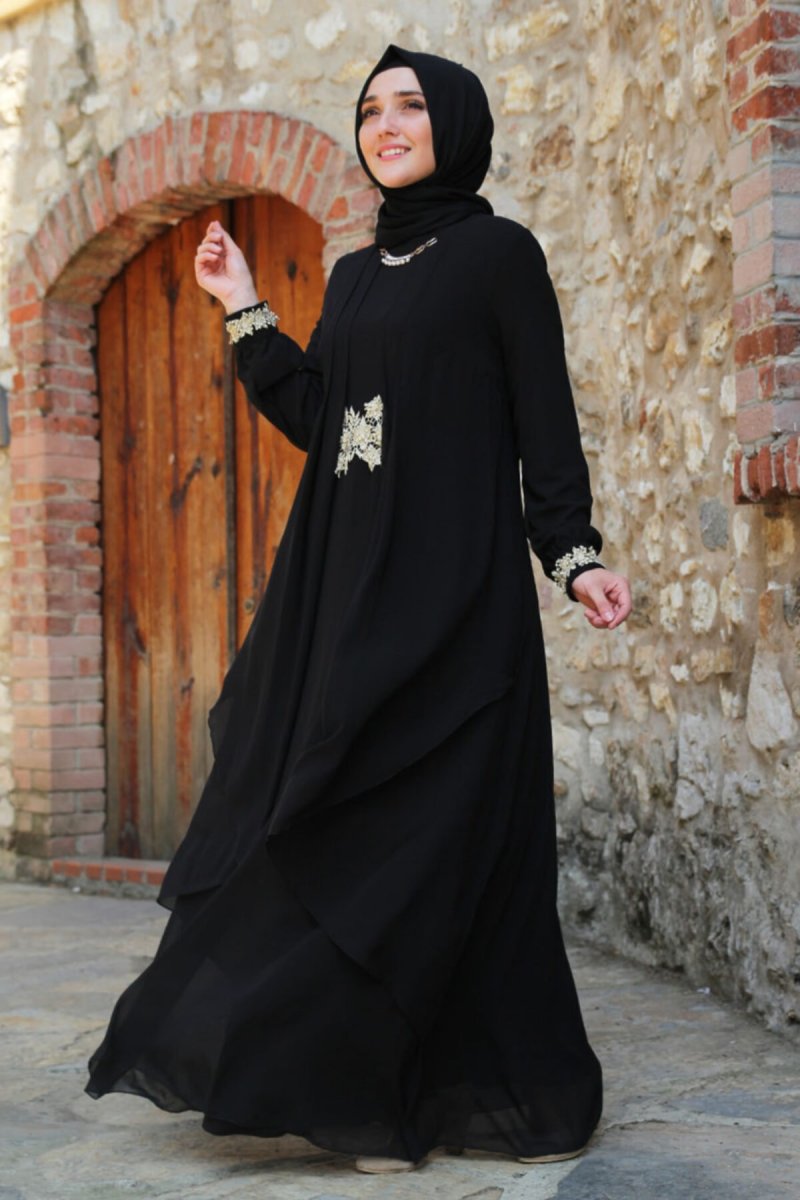 Feiza Collection Siyah Beli Dantel Detaylı Abiye Elbise