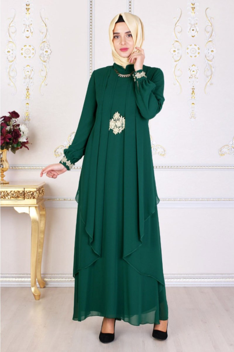 Feiza Collection Yeşil Beli Dantel Detaylı Abiye Elbise