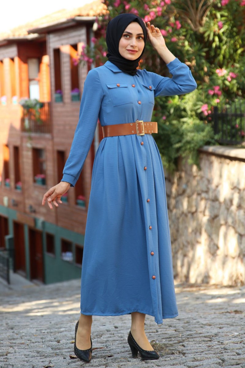 Feiza Collection Mavi Kemer Detaylı Düğmeli Elbise
