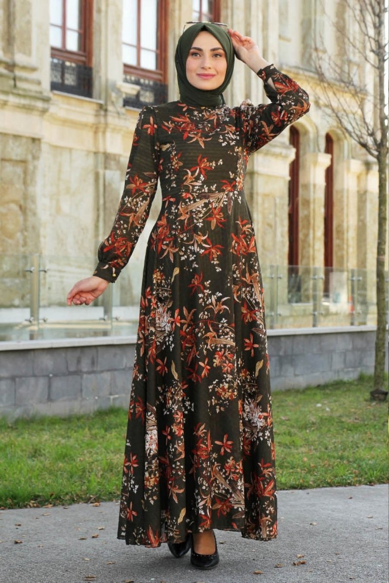 Feiza Collection Haki Çiçekli Elbise