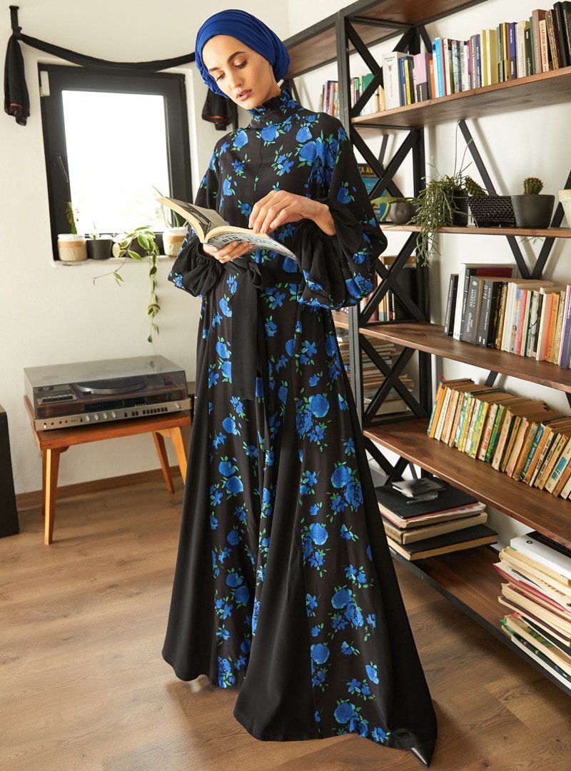 Mayovera Mavi Çiçek Desenli Elbise
