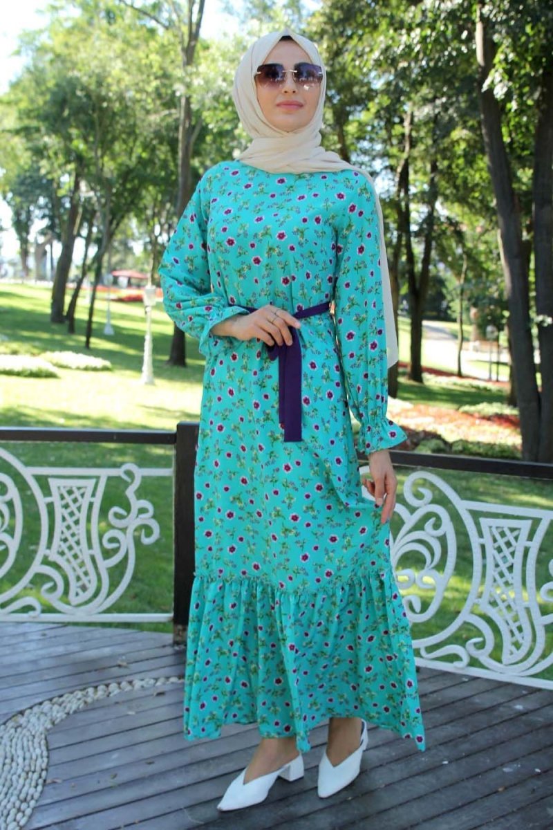 Feiza Collection Turkuaz Etek Ucu Fırfırlı Çiçekli Elbise