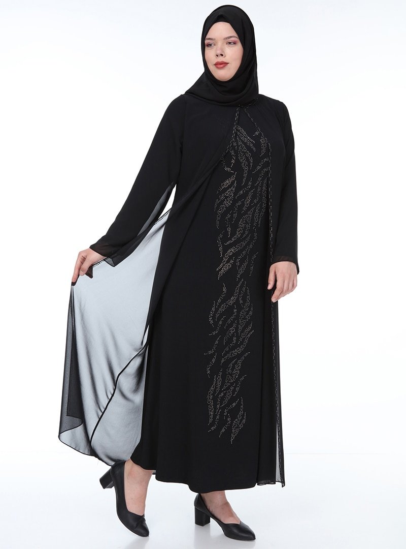 Ferace Siyah Taş Baskı Şifon Abiye Elbise