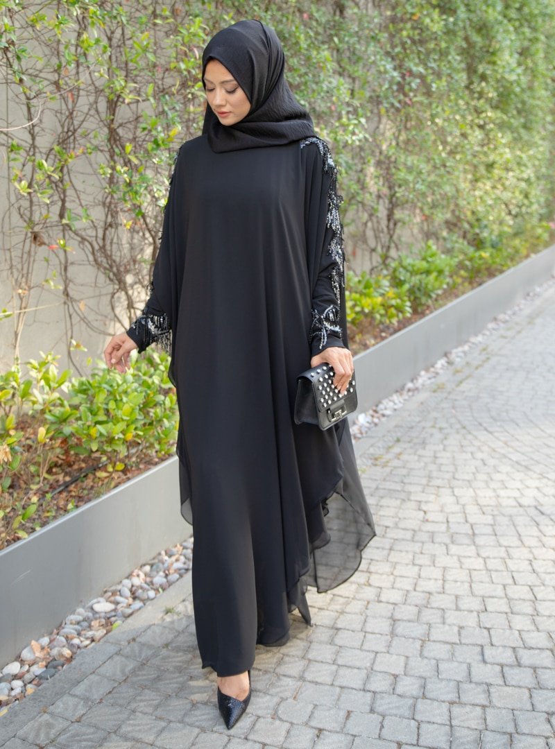 İz Otantik Siyah Payetli Şifon Elbise Ferace