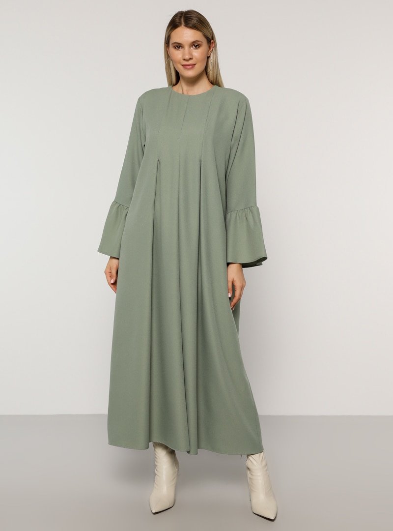 Alia Yağ Yeşili A Pile Detaylı Elbise