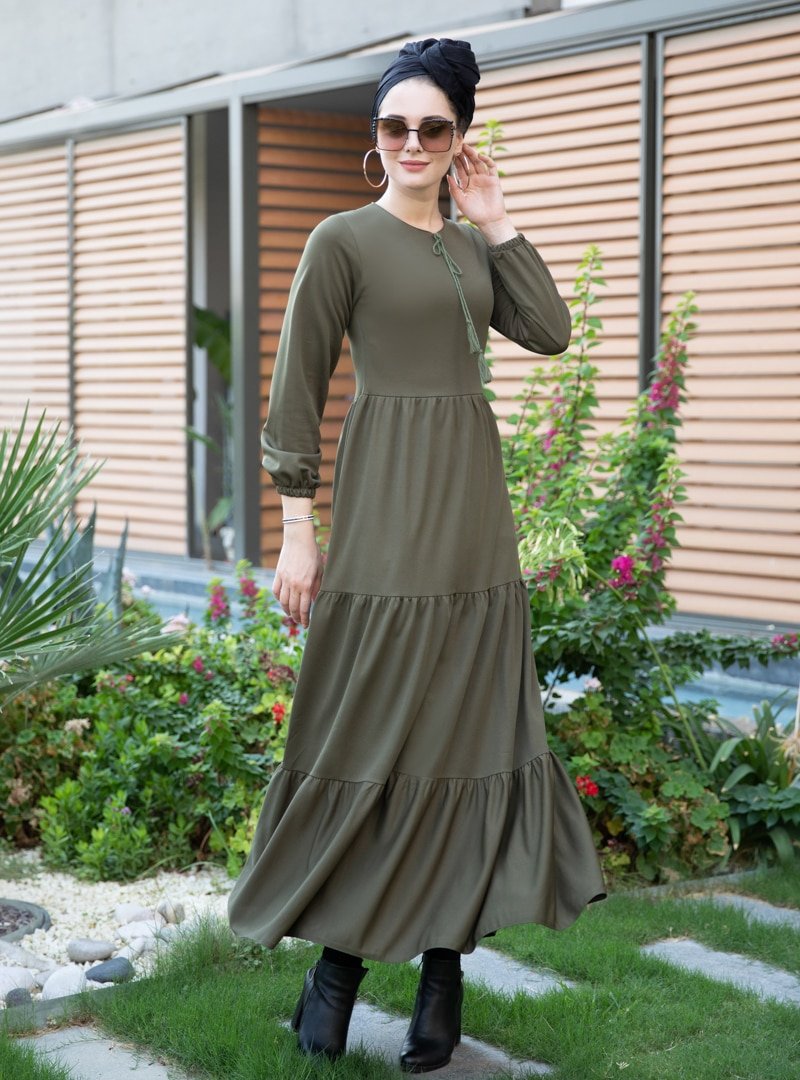 Selma Sarı Design Haki Kat Büzgülü Elbise