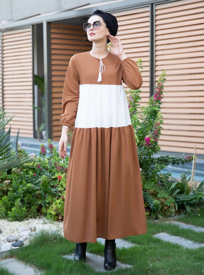 Selma Sarı Design Taba Garnili Büzgülü Elbise