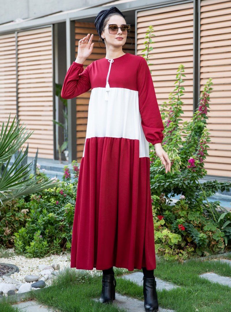 Selma Sarı Design Bordo Garnili Büzgülü Elbise