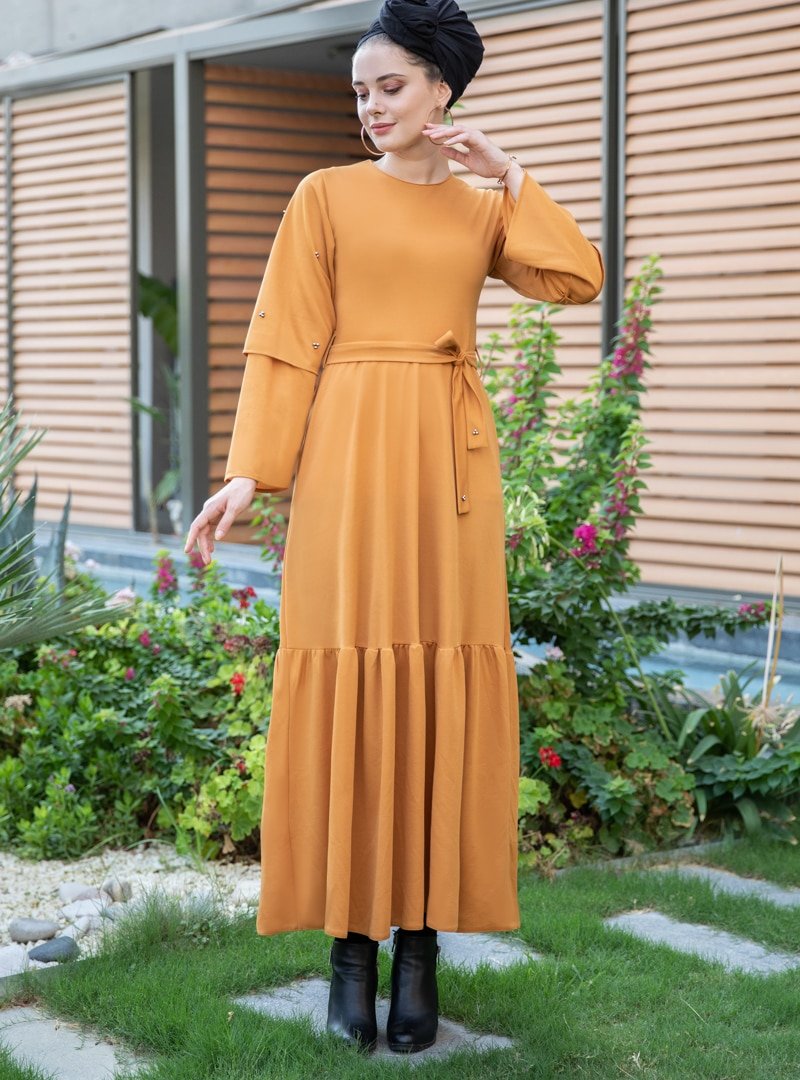 Selma Sarı Design Hardal Kolu İncili Elbise