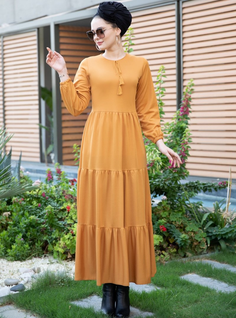 Selma Sarı Design Hardal Kat Büzgülü Elbise