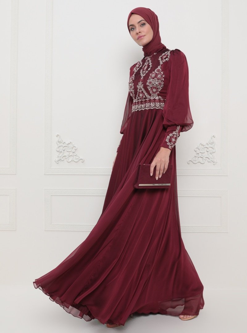 SomFashion Bordo Kayra Abiye Elbise