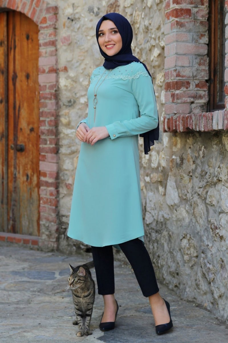 Feiza Collection Çağla Yeşili İnci Detaylı Tunik