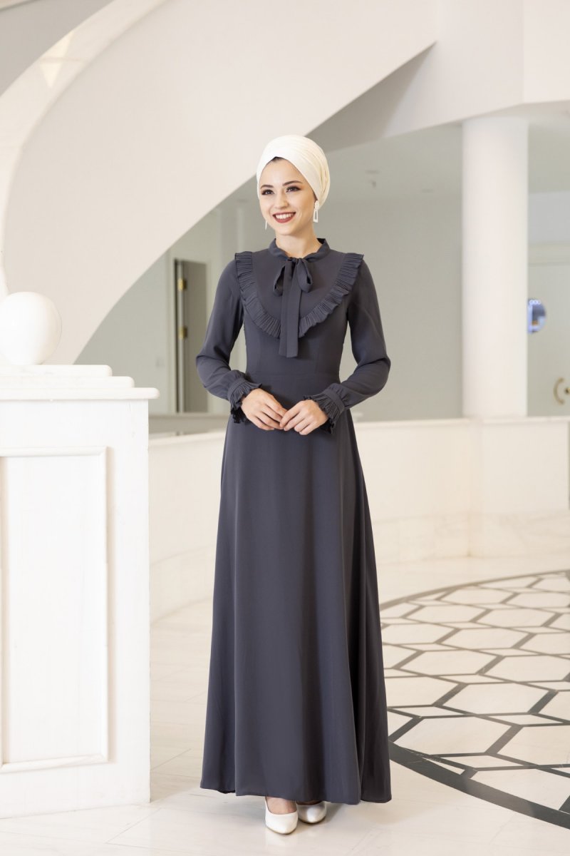 Al-Marah Antrasit Fırfırlı Elbise