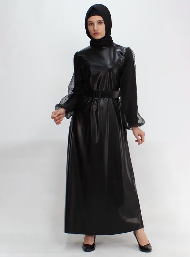 Sevit-Li Siyah Kemer Detaylı Elbise