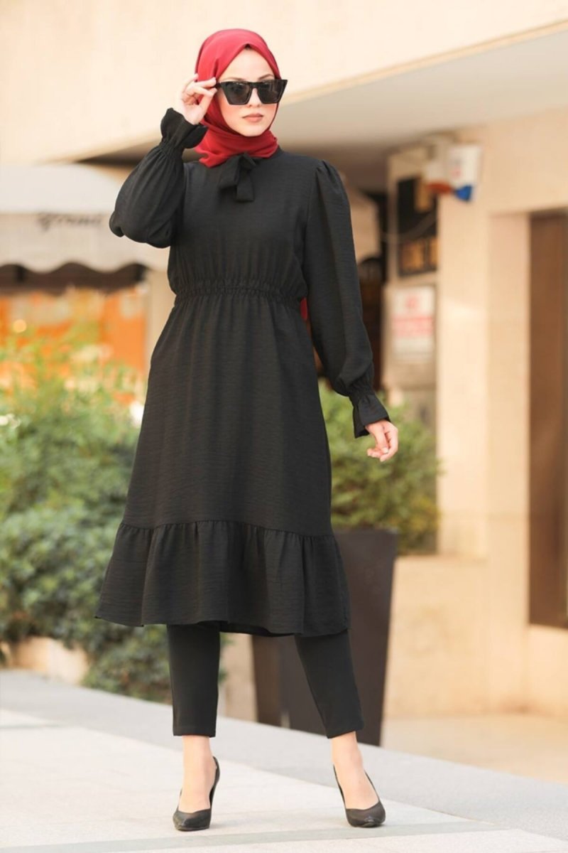 Neva Style Siyah Volan Kollu Tunik