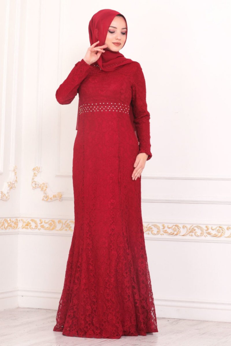 Neva Style Kırmızı Abiye Elbise Dantelli